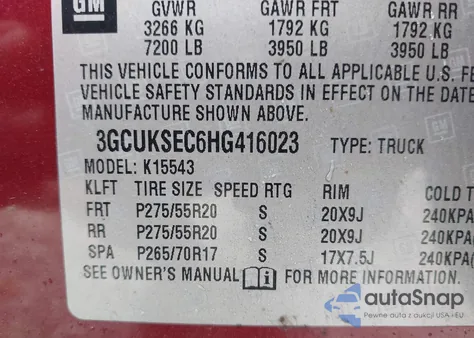 2017 Chevrolet Silverado 1500 1Lz из США, поврежденный, VIN 3GCUKSEC6HG416023